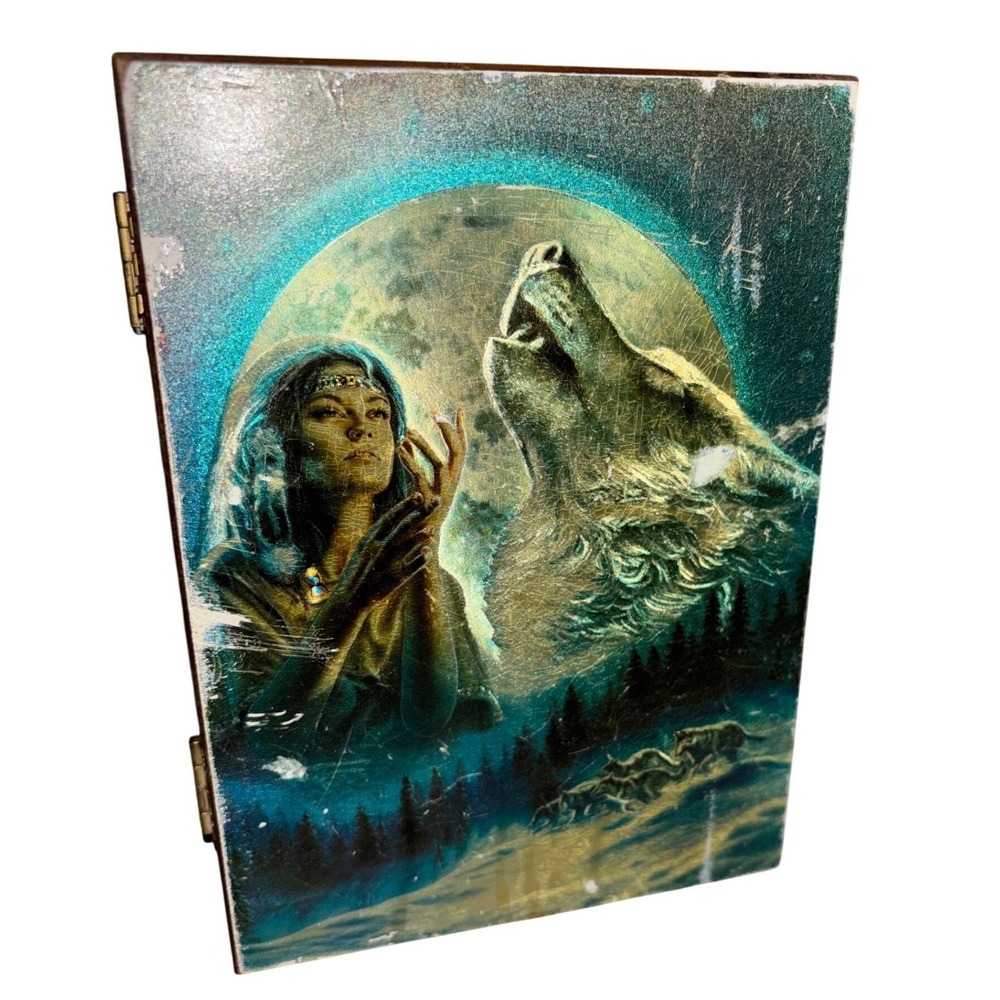 Vintage Cedar Wood Trinket Box Holographic Wolf Maiden Branson MO Keepsake Retro